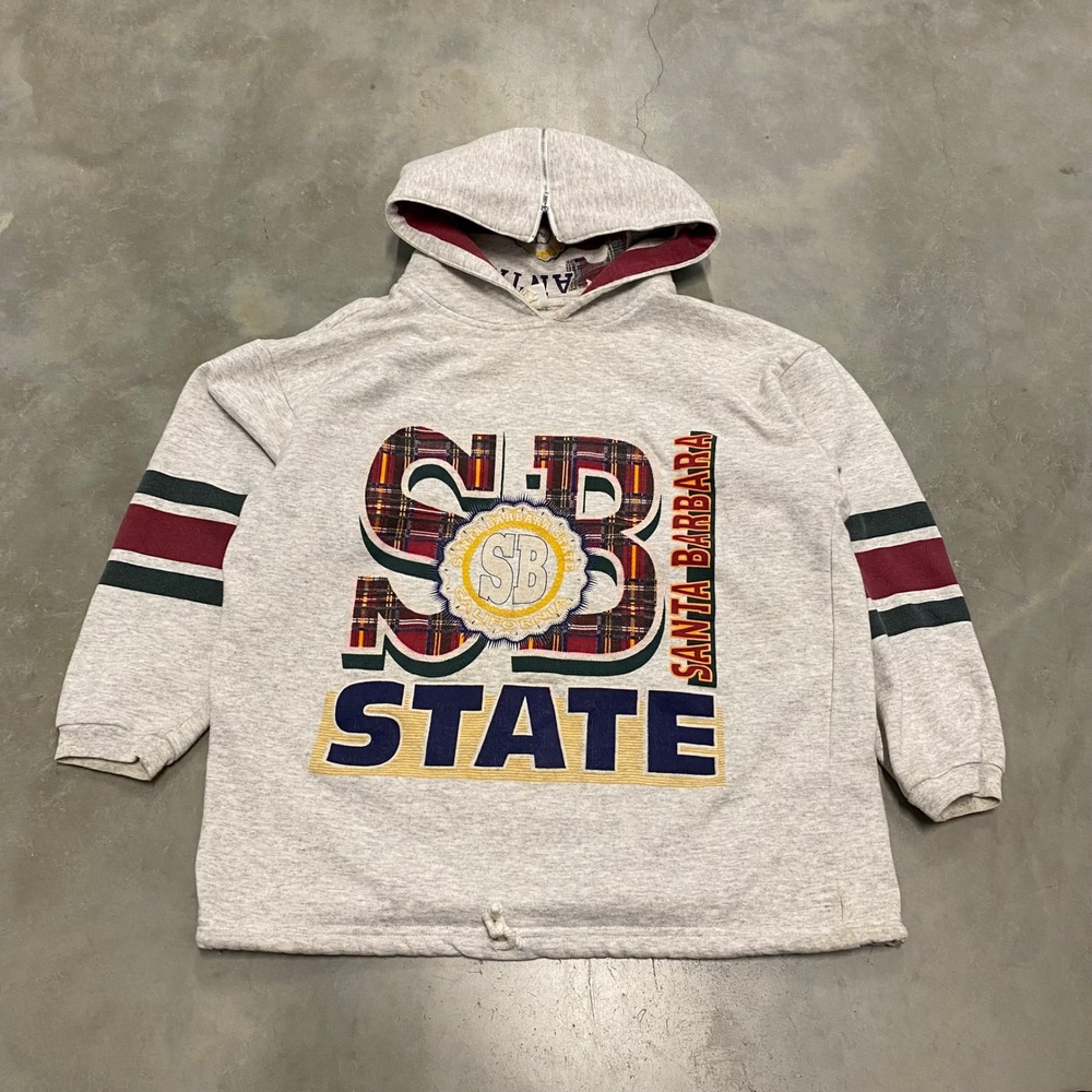 Vintage Trends Santa Barbara State SB Hoodie Gray Plaid Corduroy Applique Mens